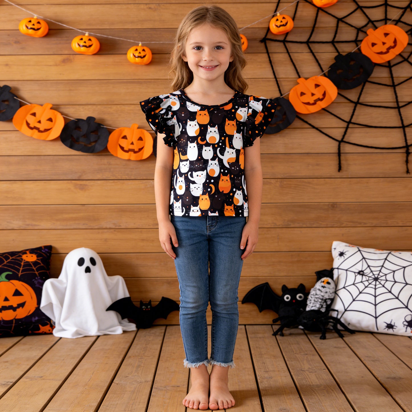 PRE-ORDER Double Flutter Top: Halloween Cats