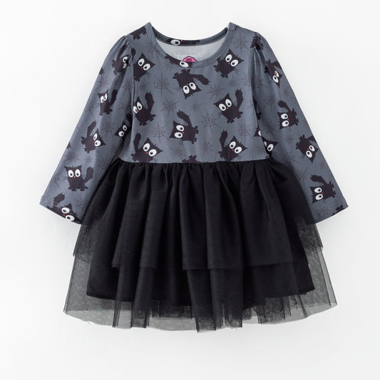 Children's Halloween dress with black tulle skirt and cats with spider web pattern on gray background