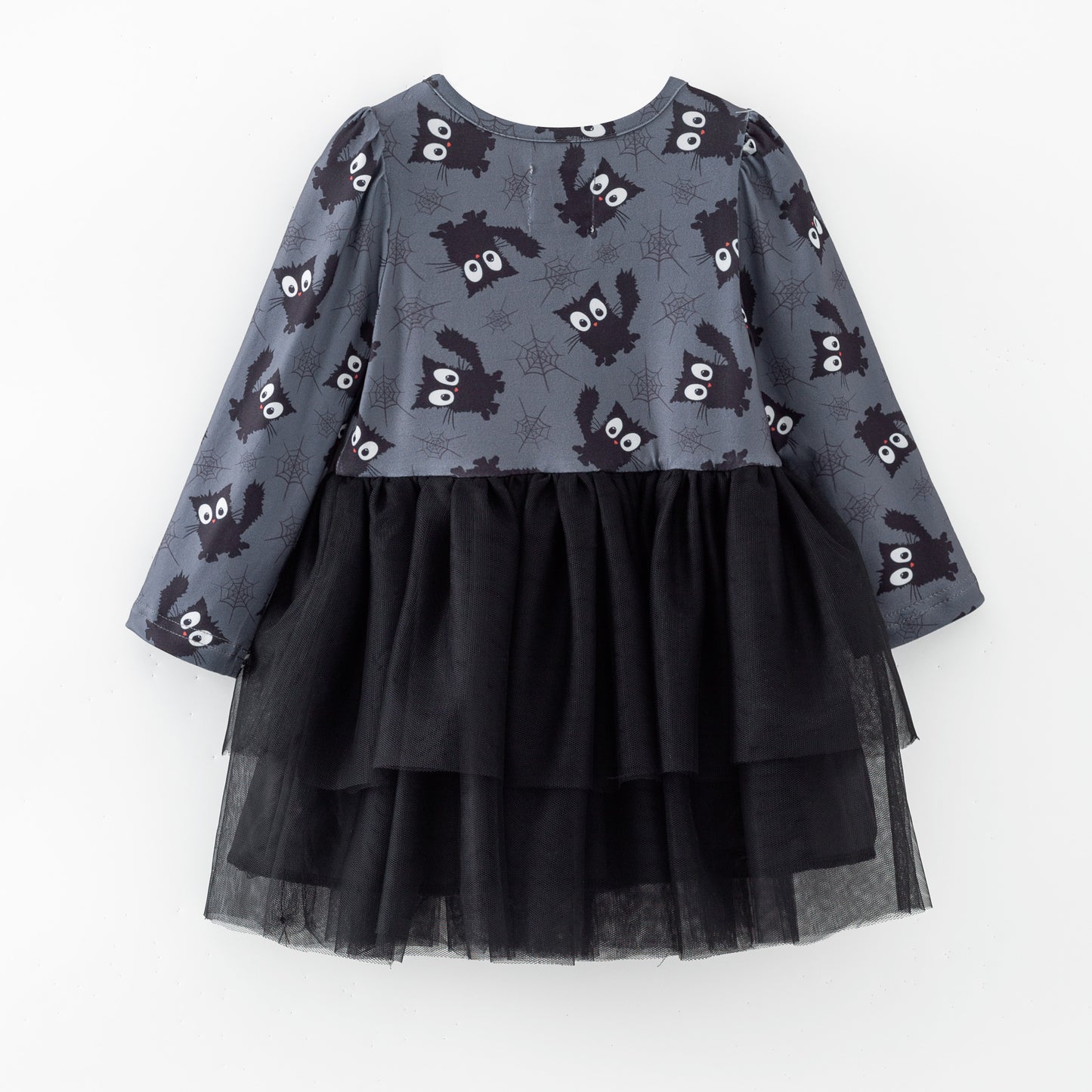 Children's dress with black tulle skirt and gray top with cat pattern 