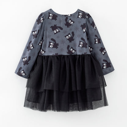 Children's dress with black tulle skirt and gray top with cat pattern 