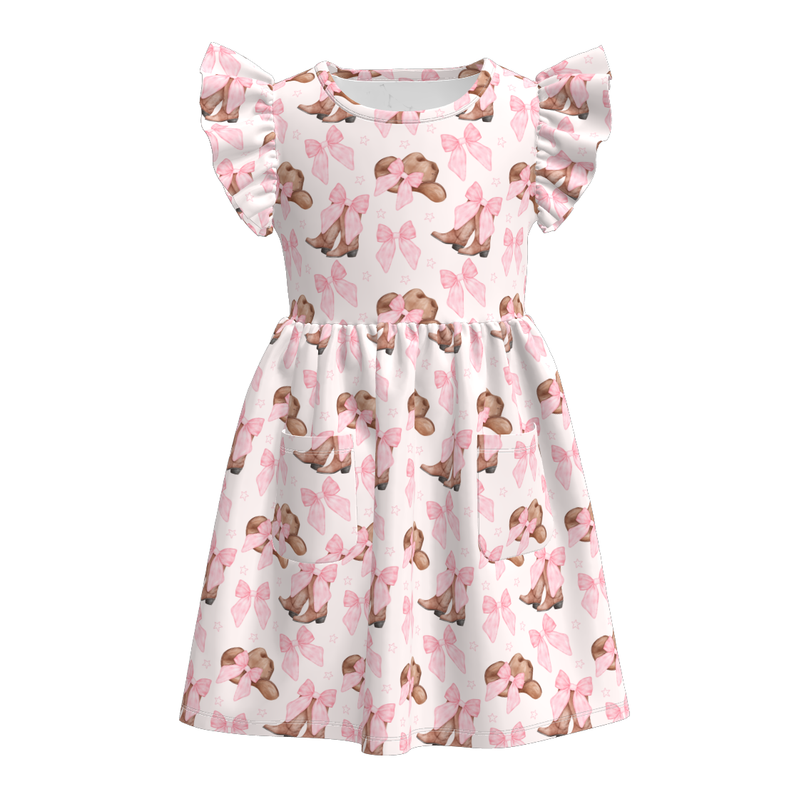 Flutter sleeve dress with pink bows and brown cowboy boots and hats.
