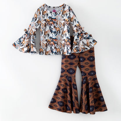 Horse print top and aztec pattern bell bottom pants
