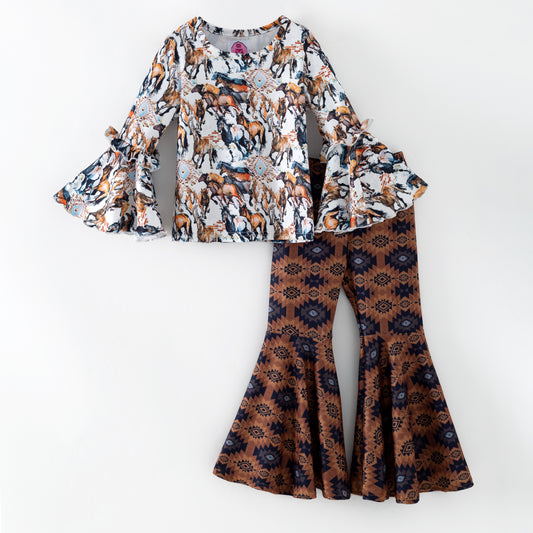 Horse print top and aztec pattern bell bottom pants