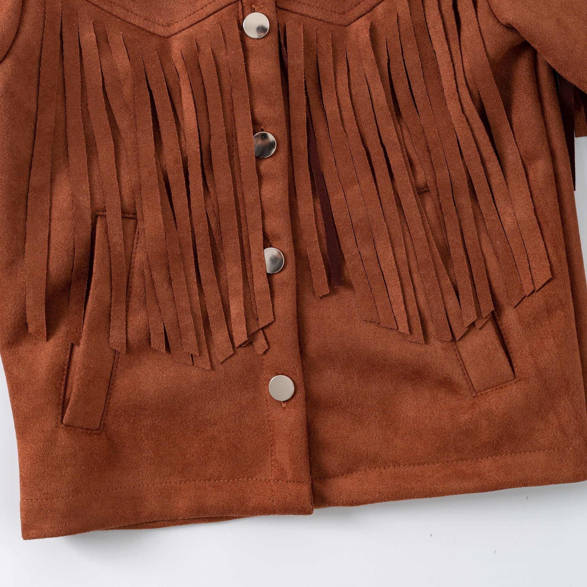 Brown suede jacket with fringes and buttons on a white background