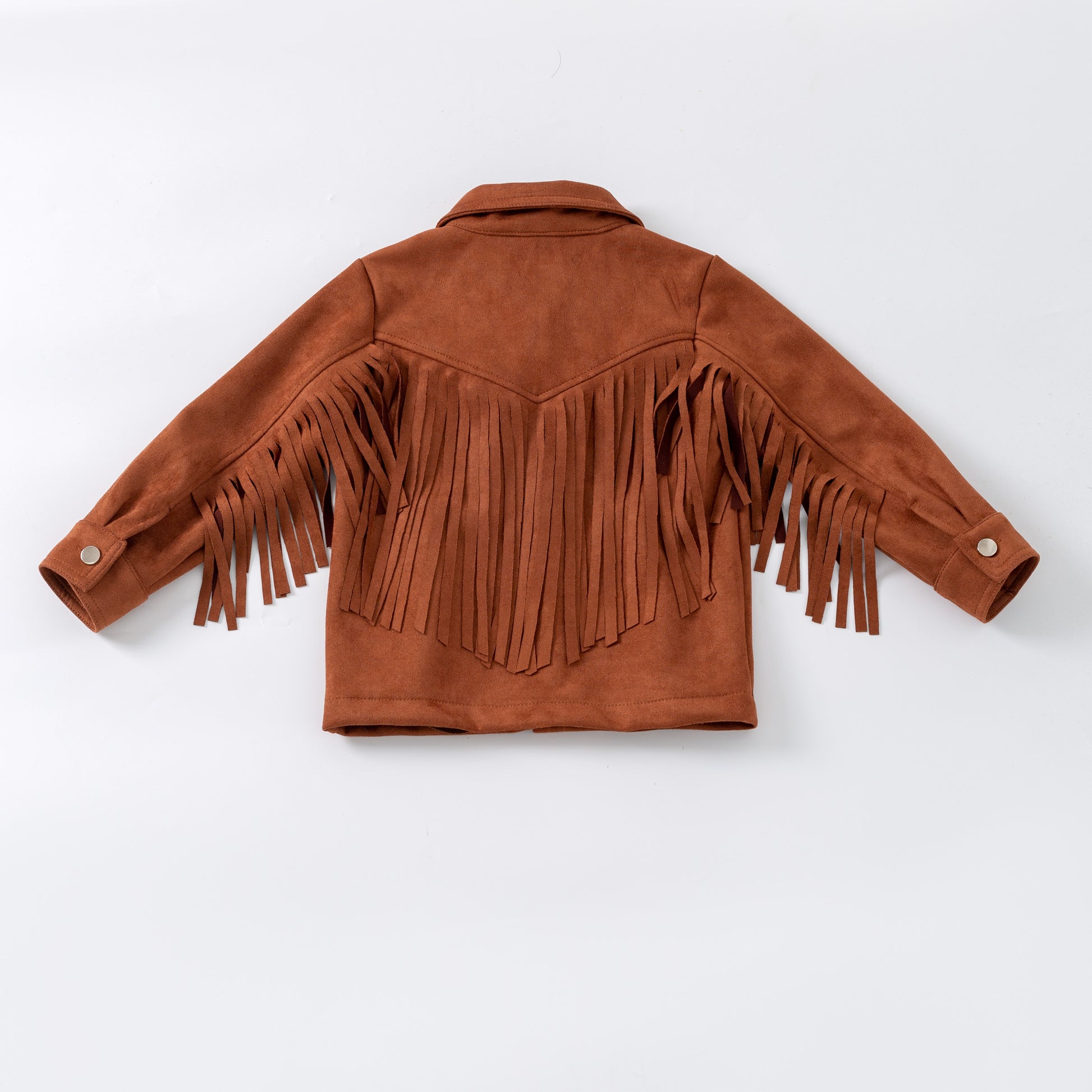 Brown suede jacket with fringes on a white background