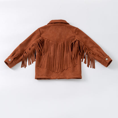 Brown suede jacket with fringes on a white background