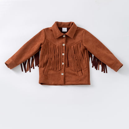 Brown fringed jacket on a white background