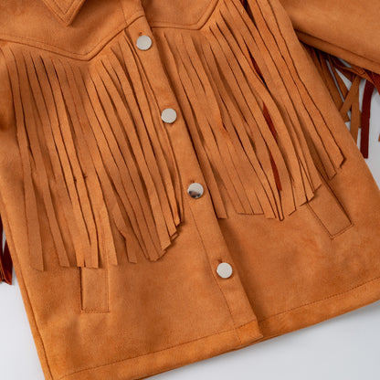 Brown suede jacket with fringes and buttons on a white background