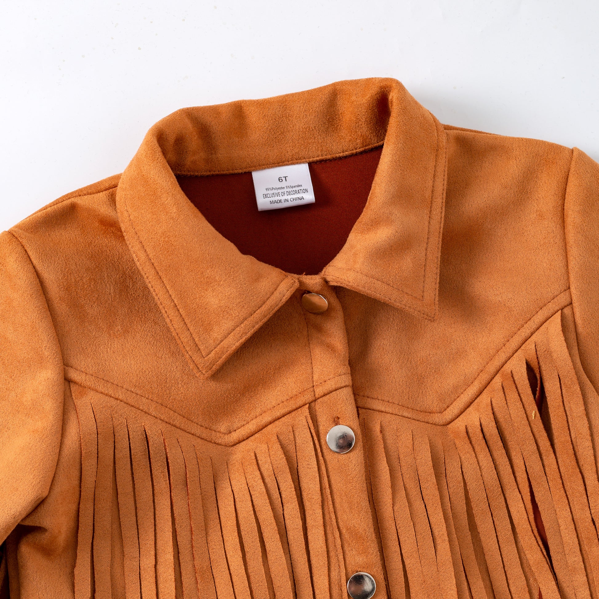 Brown suede jacket with fringes on a white background