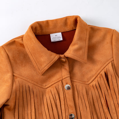 Brown suede jacket with fringes on a white background