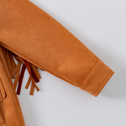 Brown suede jacket with fringes on a white background