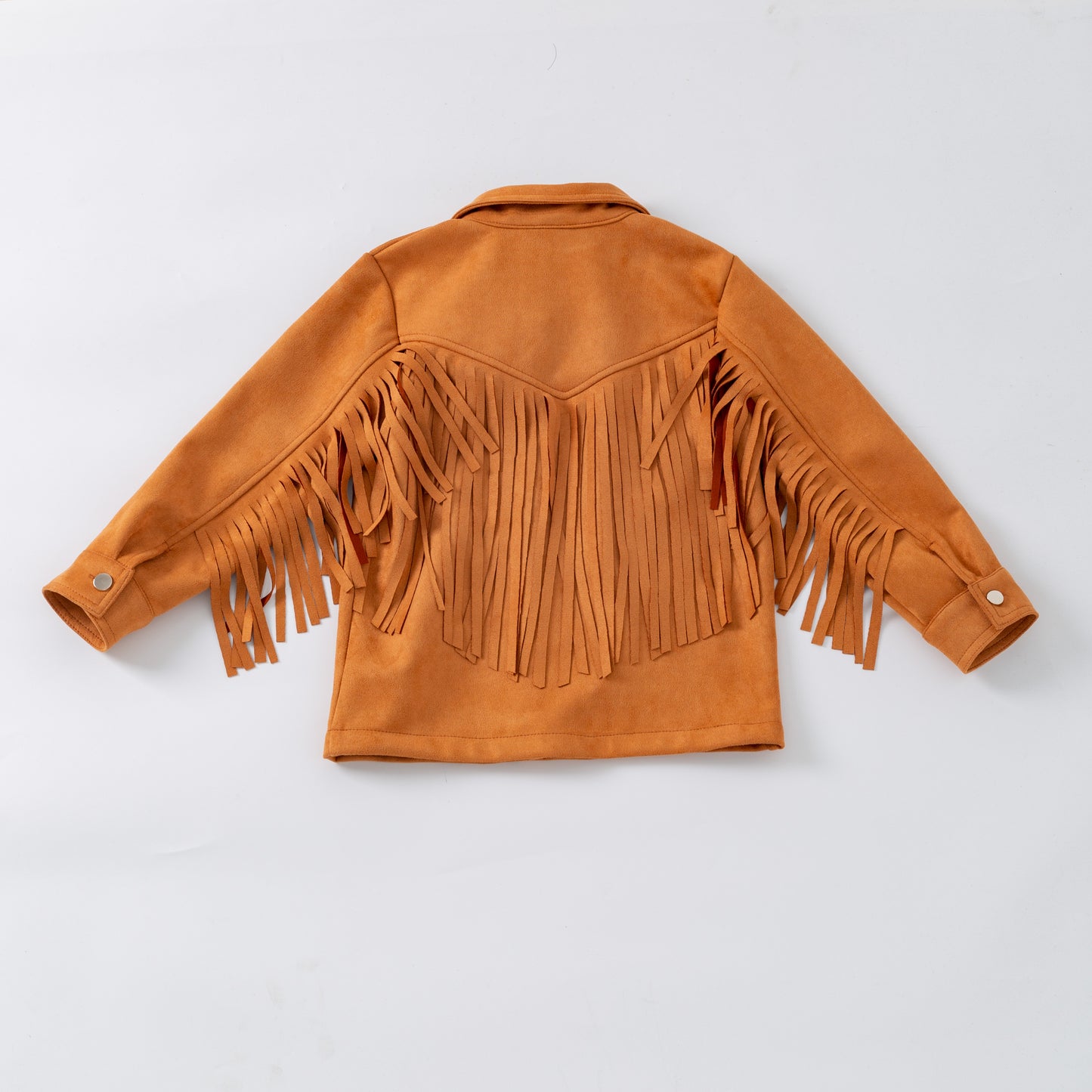 Brown leather jacket with fringe details on a light gray background