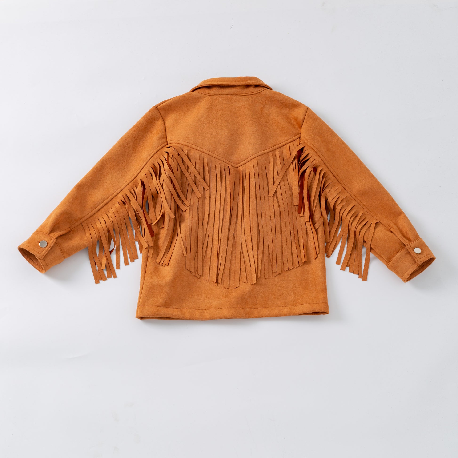 Brown leather jacket with fringe details on a light gray background