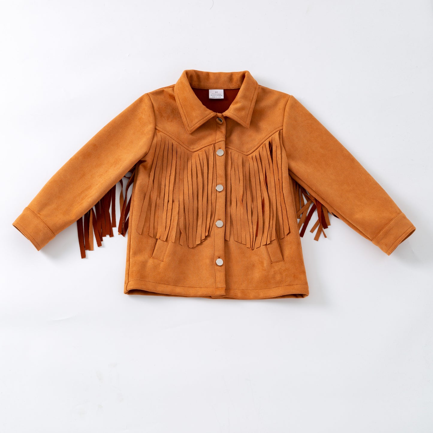 Brown suede jacket with fringes on a white background