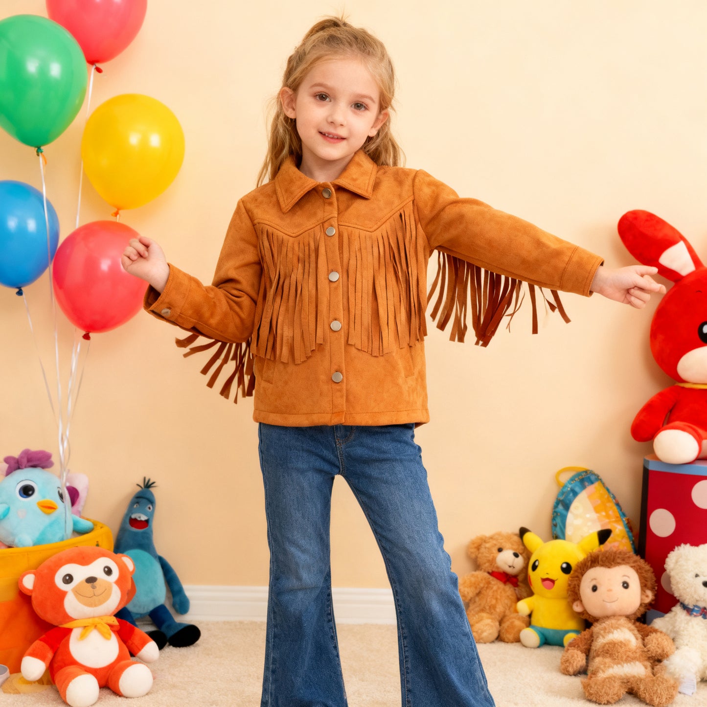 Child in a fringed jacket with balloons and toys in the background