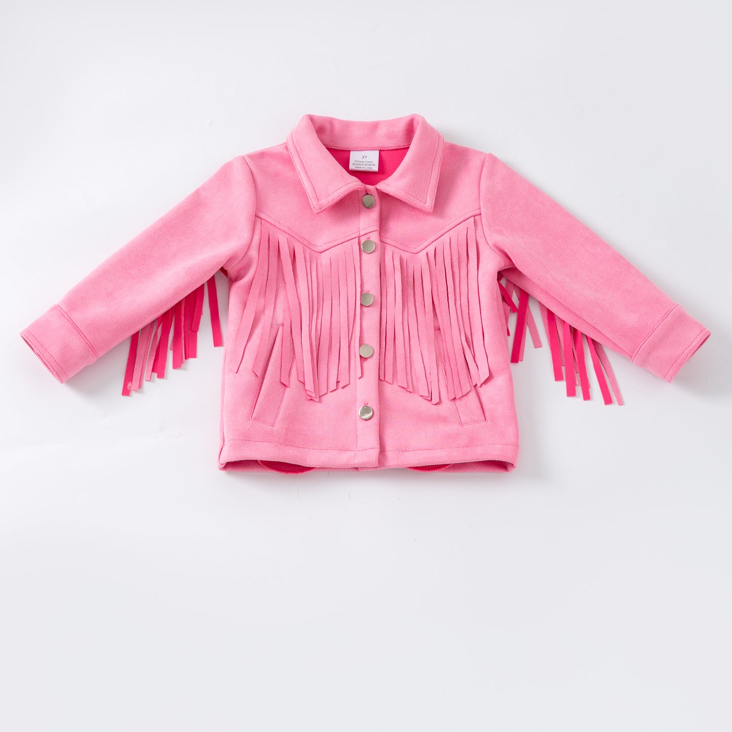 Pink fringed jacket on a white background