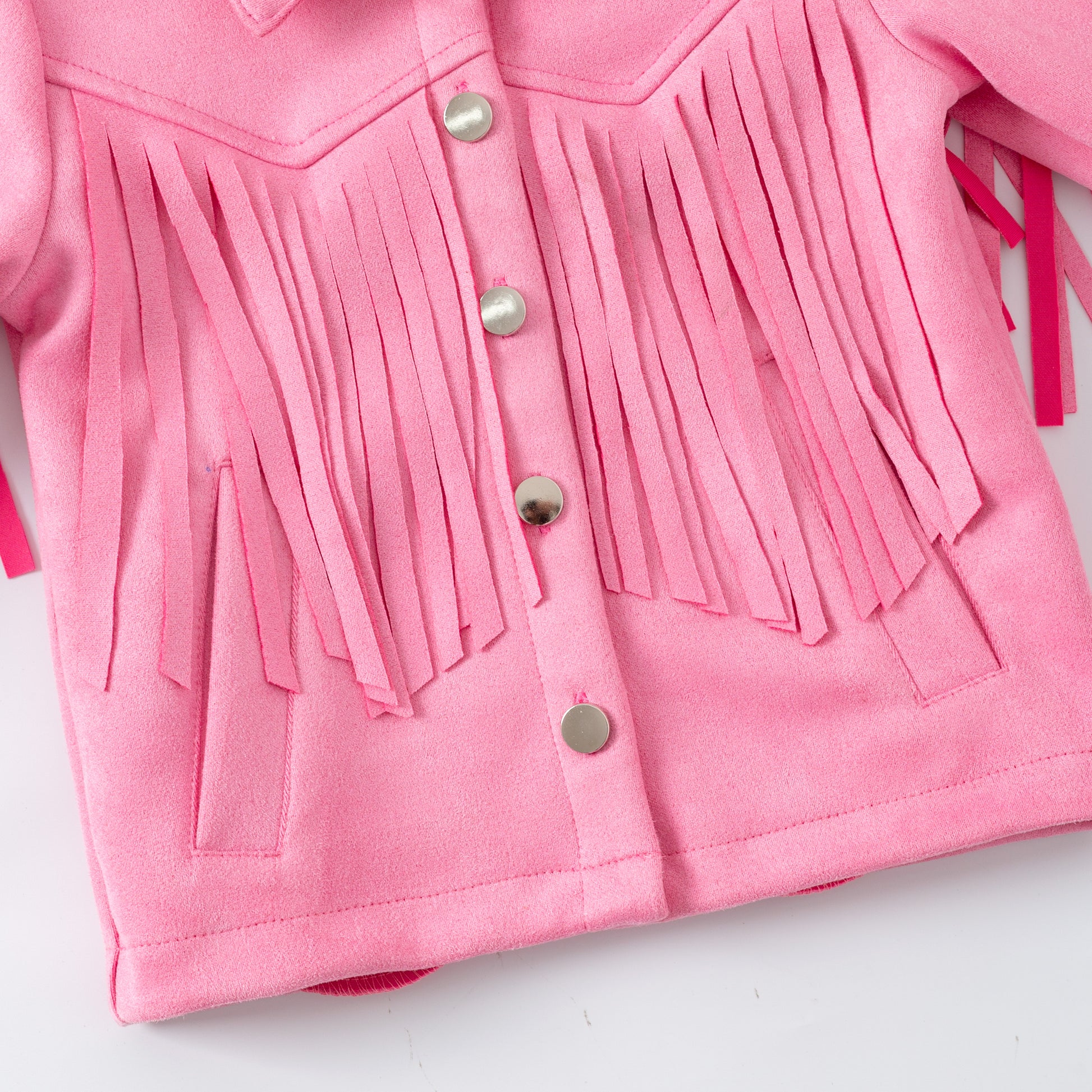 Pink fringed jacket with buttons on a white background