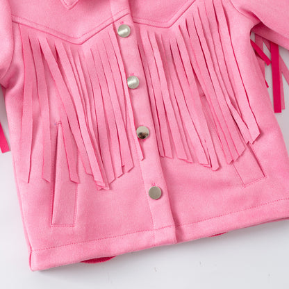 Pink fringed jacket with buttons on a white background