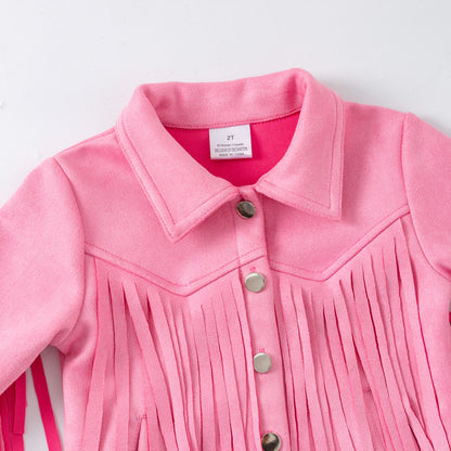 Close-up of a pink fringed jacket with buttons on a white background