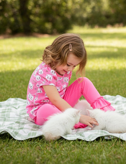 Puff Sleeve Top Pink Kittens
