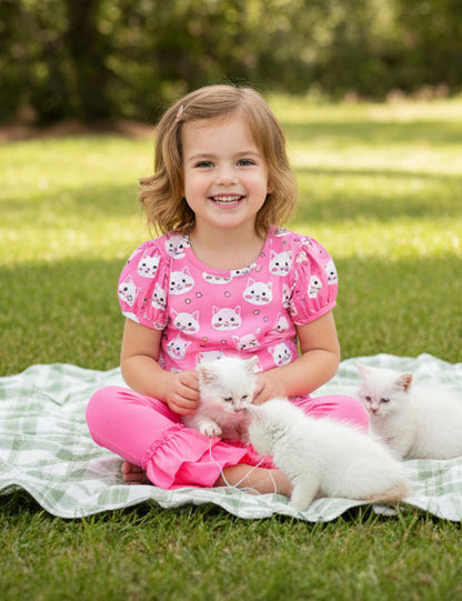 Puff Sleeve Top Pink Kittens