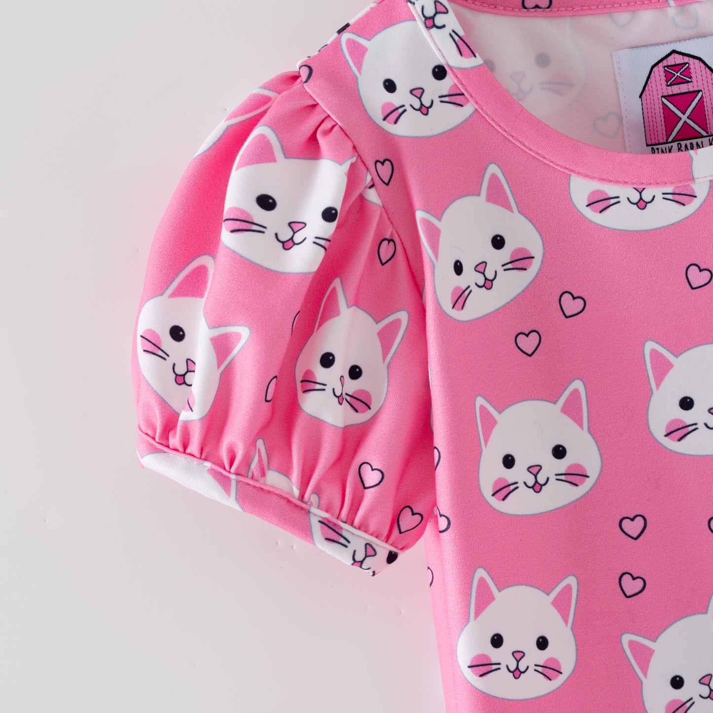 Puff Sleeve Top Pink Kittens