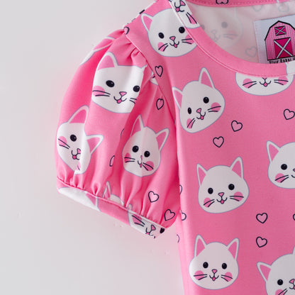 Puff Sleeve Top Pink Kittens