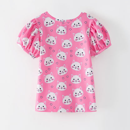 Puff Sleeve Top Pink Kittens
