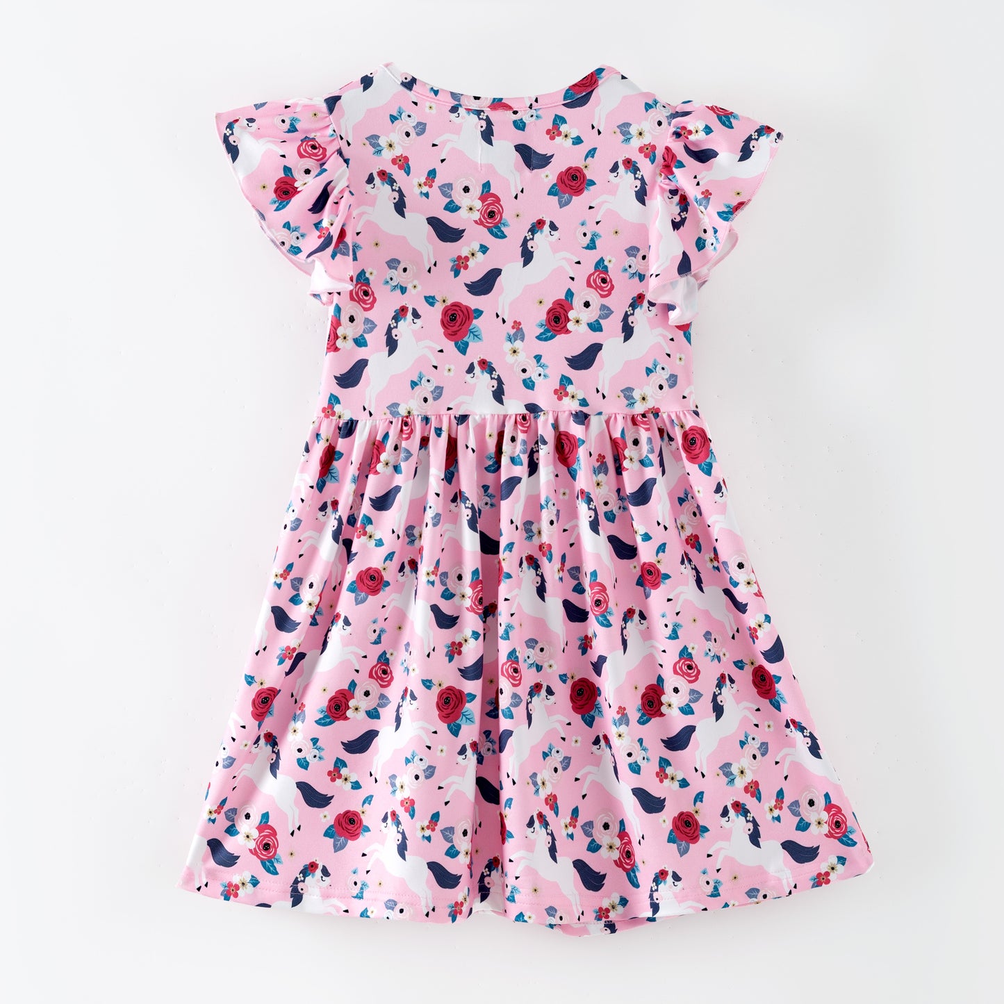 Pink floral dress with white horses on a pink background