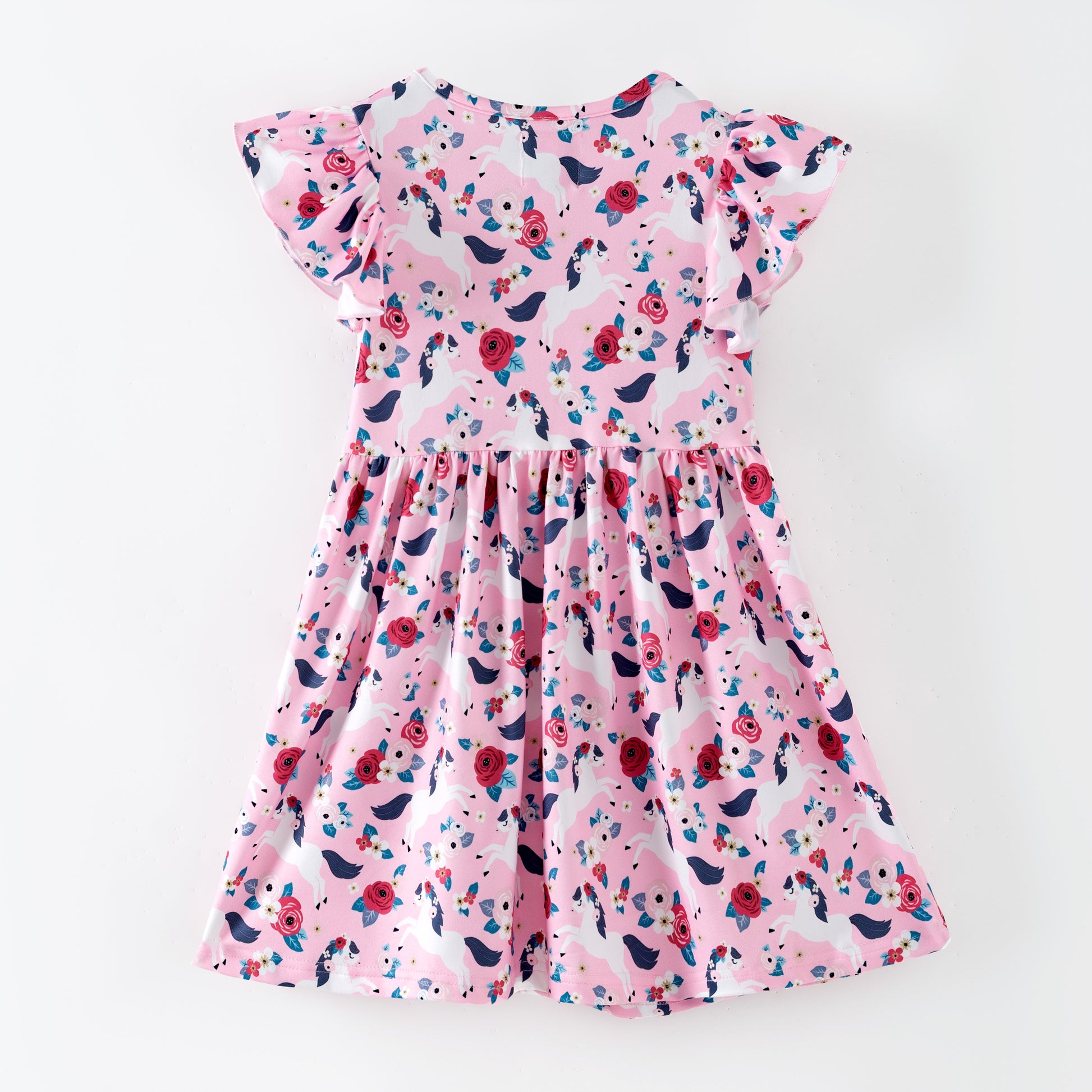 Pink floral dress with white horses on a pink background