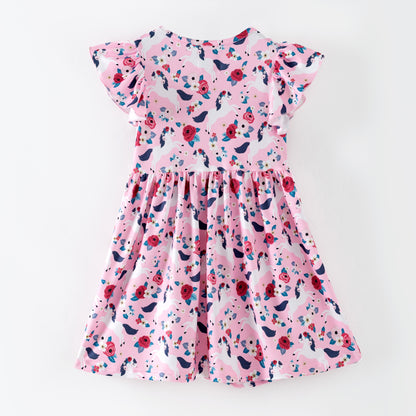 Pink floral dress with white horses on a pink background