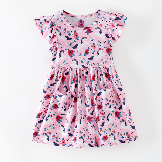 Pink floral dress with white horses on a pink background