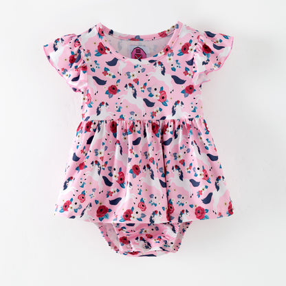 Pink floral baby romper with white horses on a pink background