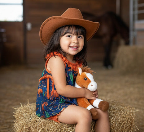 Child wearing a cowboy hat and holding a stuffed horse on a hay bale in a barn setting