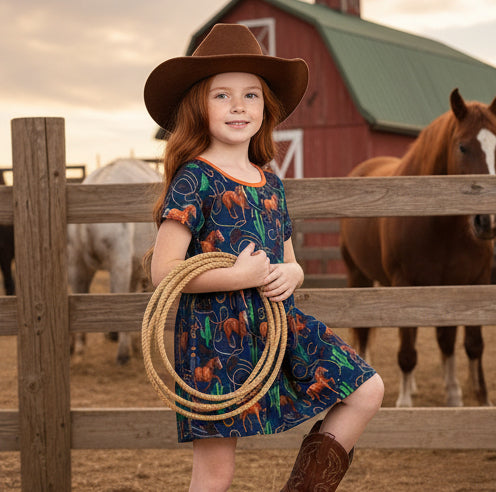 Young girl in a cowboy hat and dress with a lasso, standing in front of a barn and horses.