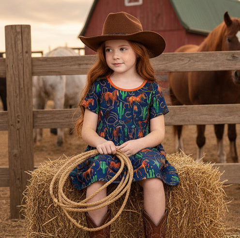 Young girl in a cowboy hat and dress sitting on a hay bale with horses in the background.