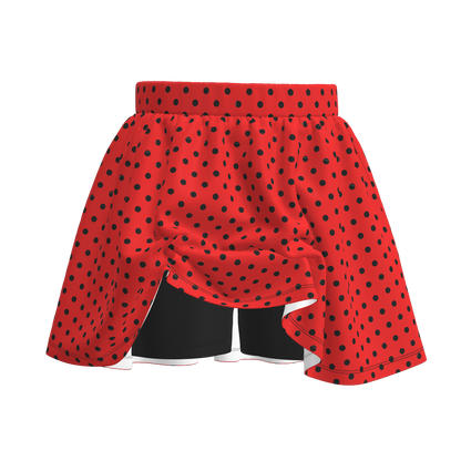 Red skort with black polka dots