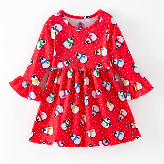 Red dress with penguin pattern 