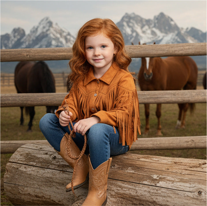 Young girl in a fringed jacket and cowboy boots sitting on a log with horses and mountains in the background