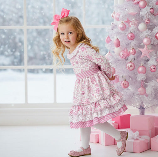 Young girl in a pink snowflake print dress standing next to a decorated Christmas tree with pink ornaments.