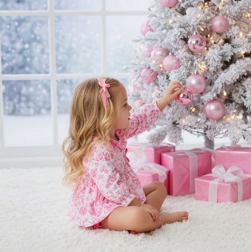 Child decorating a Christmas tree with pink ornaments in a festive setting.