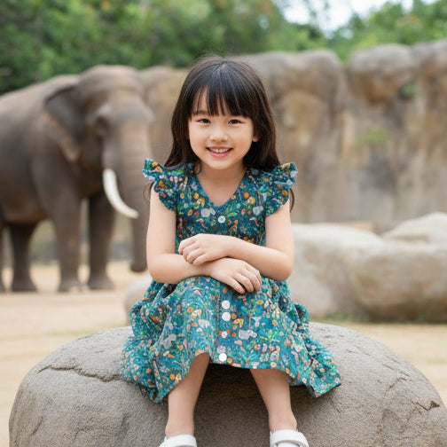 Young girl in a zoo print dress sitting on a rock with elephants in the background