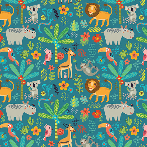 Colorful pattern of jungle animals and plants on a blue background
