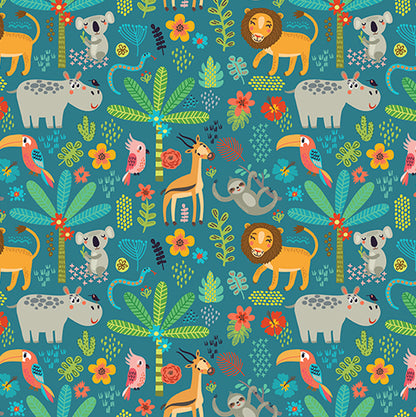 Colorful pattern of jungle animals and plants on a blue background