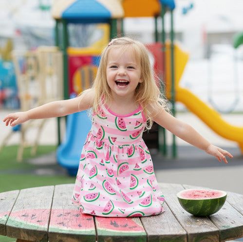 Child in a pink dress with watermelon pattern at a playground