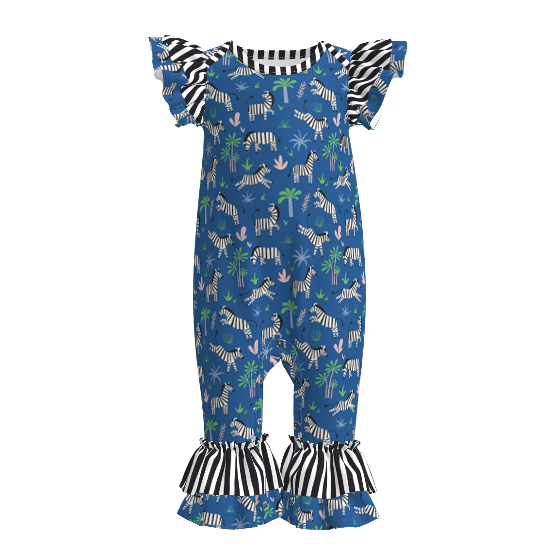 Children's romper with zebra pattern and ruffled sleeves on a white background